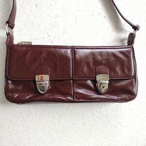 MAXX Brown Shiny Leather Bag w 2 Outer‎ Buckle Pockets